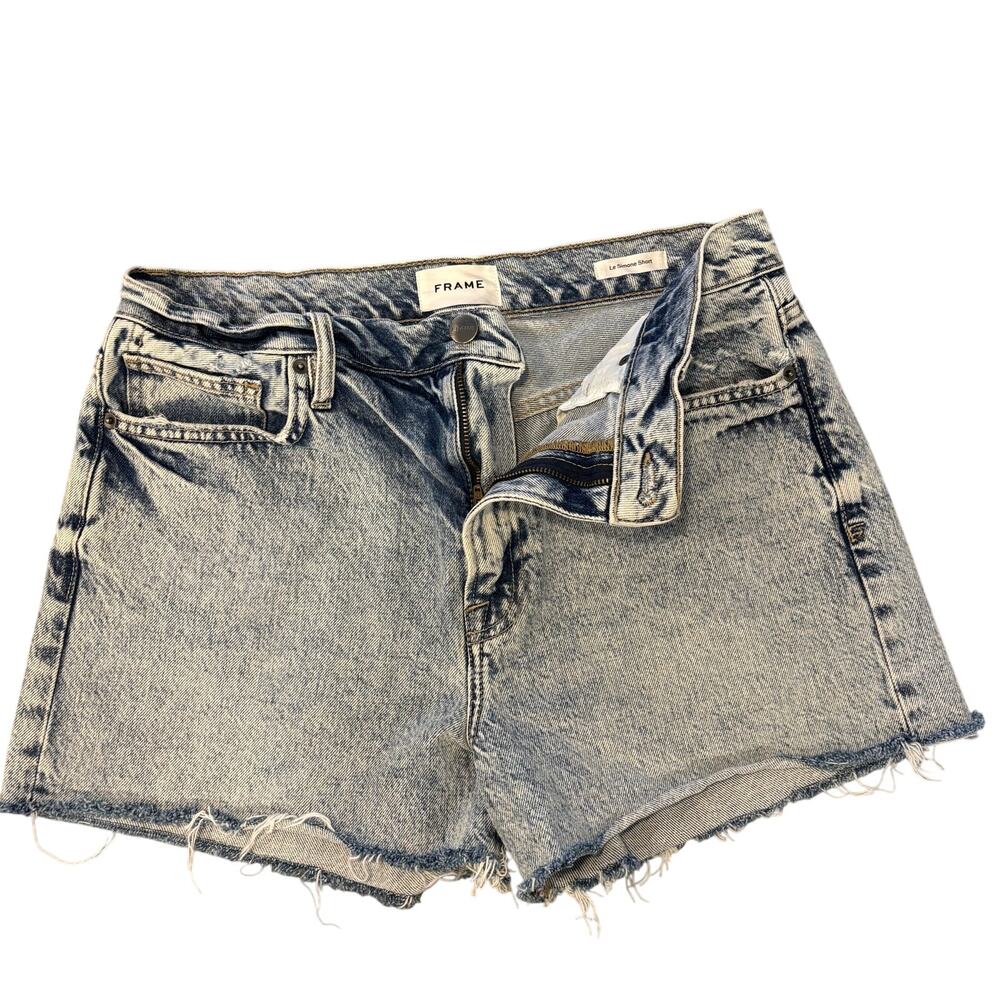 FRAME Le Simone High Rise Acid Wash Denim Shorts Raw Hem Festival Retro 29